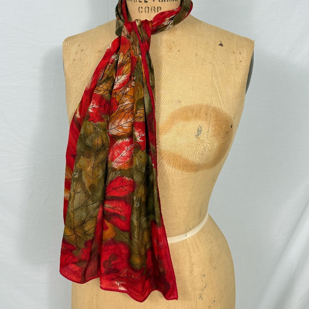 Vera Ibiza Silk Red Scarf With Gold and Green Leaves 52" Long